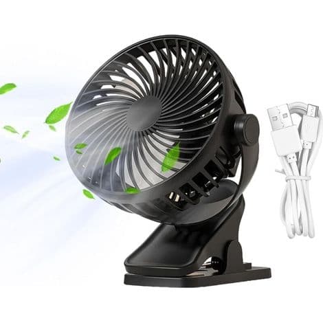Sort clip-on sengevifte, liten oppladbar multifunksjonell vifte for barnevogner, reise, kontor, soverom