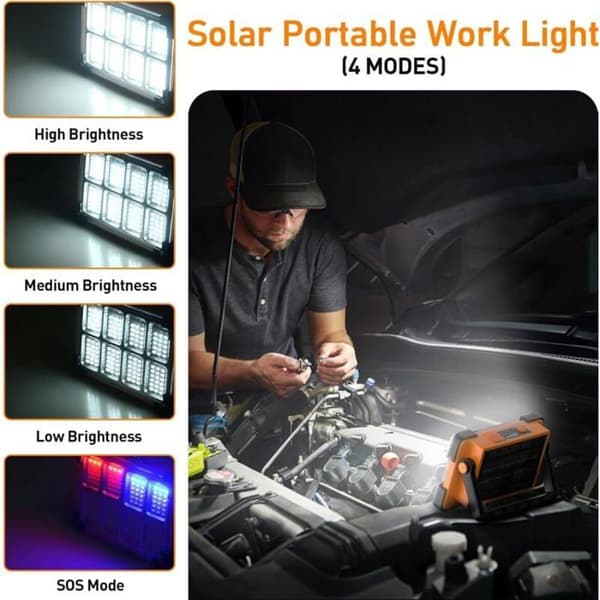 LED Flomlys - PZCC - Oppladbar Arbeidslampe - 6000 lm - USB/Solar - 180° Håndtak