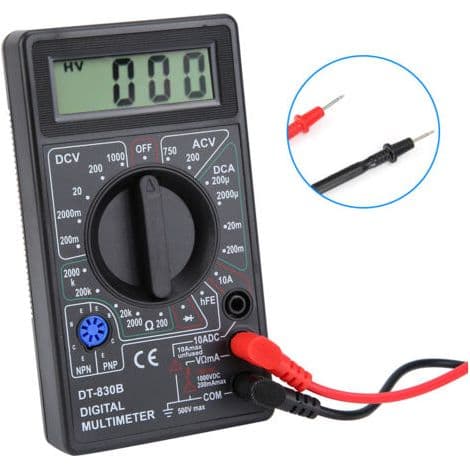 DT-830B Bærbart LCD Digitalt Multimeter: Amperemeter, Voltmeter, Ohmmeter; DC Spenningsområde 1000V, Strøm 10A, Motstand 2000kΩ - treDT-830B