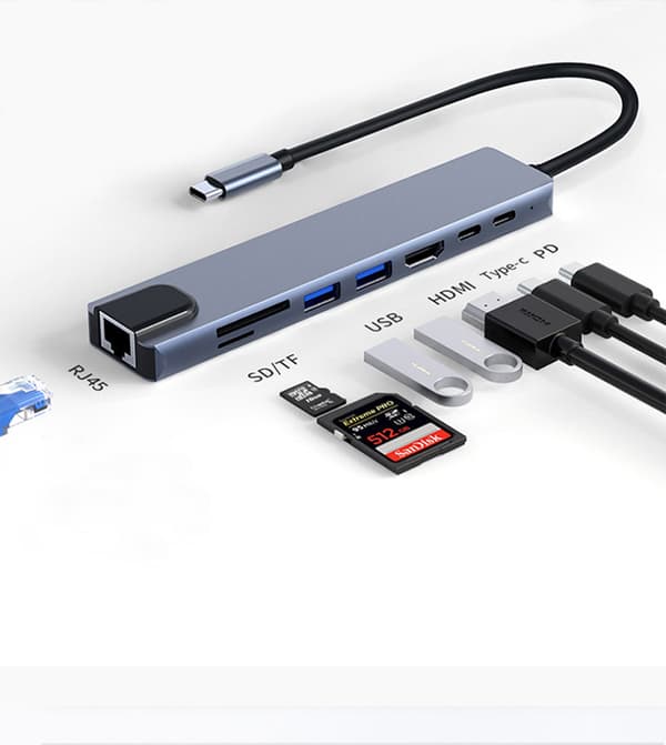 8-portars USB-C-hubb med USB, UBC PD, HDMI, RJ45, minneskort Grå