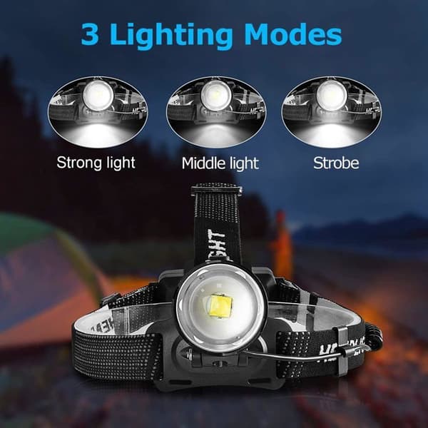 Oppladbar LED-hodelykt - Vanntett, zoombar, 3 moduser (løping, camping, fiske)