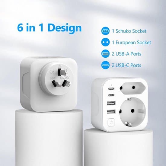 Rejseadapter med USB-C- og USB-A-porte til Australien og Kina