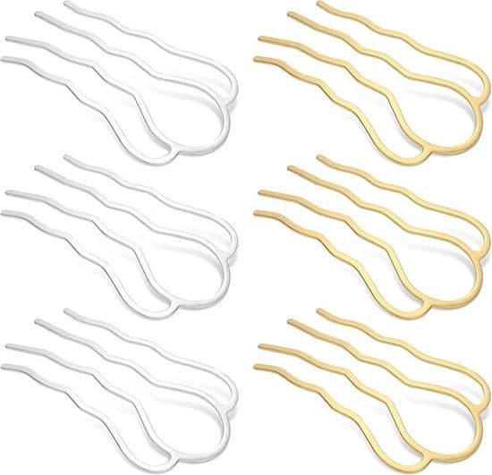 Sæt med 6 metalhårnåle til knolde, 90 mm, U-formet, guld, sølv