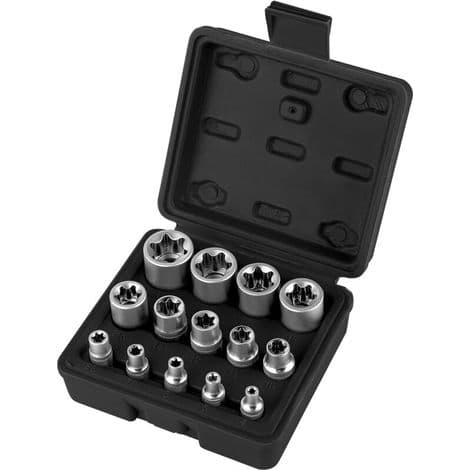 Torx hunnpipe sett 1/4\" 3/8\" 1/2\", profilpiper E Torx E4, E5, E6, E7, E8, E10, E11, E12, E14, E16, E18, E20, E22, E24 med koffert