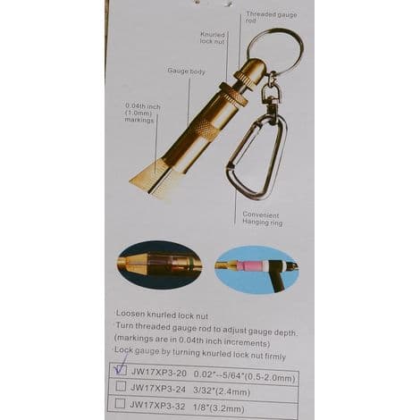 Volframin ulkonemamittari - Mitat: 0,5 mm / 1,0 mm / 1,6 mm / 2,0 mm - Volframielektrodeille