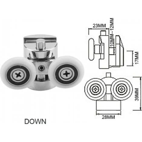 Sett med 4 doble ruller - for skyvedusjdører, 23 mm diameter støpte sinkruller, 2 øverst, 2 nederst