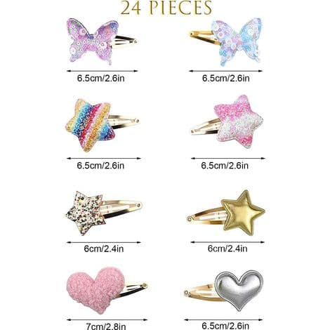 24 pigers hårspænder: krone, stjerne, hjerte, sommerfugl, søde glitterhårspænder til kvinder og børn.