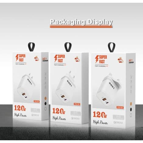 120W multi-port vægoplader (1 USB-A + 1 USB-C), hvid EU-stik, hurtig adapter til smartphones