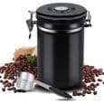 Kaffedåse, lufttæt 500g kaffedåse til malede kaffebønner, rustfrit stål med friskhedsindikator og ske, sort, 1,5L