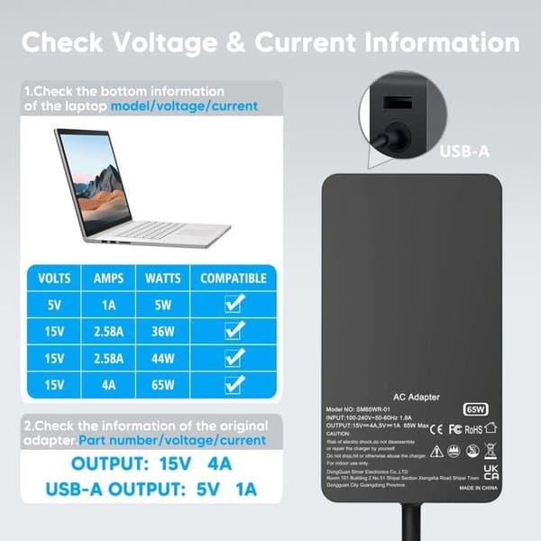 65W laturi, yhteensopiva Surface Pro 3/4/5/6/7, Surface Go 2/1, Microsoft Surface Book/Notebook/Tablet, USB