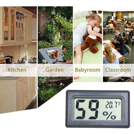 Svart digitalt hygrometer for innendørs klimakontroll, mini, LCD