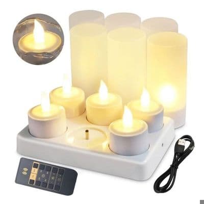 Flammeløse stearinlys med fjernkontroll, timer og ladestasjon; 6 USB oppladbare LED telys