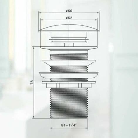 – Pop-up bottenventil utan bräddavlopp – Förkromad mässing – Diameter 66 mm – Höjd 78 mm – Tryckknappssystem för enkel dränering