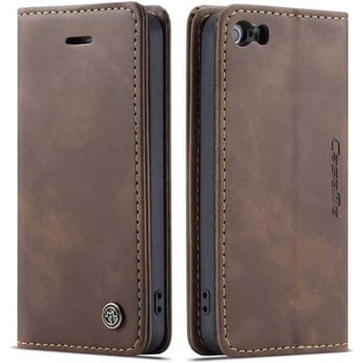iPhone 5/5S/SE 2016 Cover, Stødsikkert Premium Læder Flip Wallet Cover, Kaffe