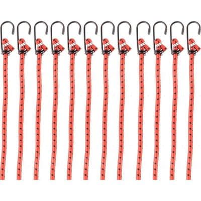 Elastiske stropper - PZCC - Pakke med 12 (1,2 m) - Kraftige stålkroker - Dobbel forlengelse - Rød