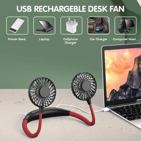 Mini bærbar USB-vifte med LED-lys, oppladbar bærbar halsvifte, 3-trinns dobbelthodebevegelse