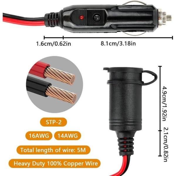Cigarettändarförlängningskabel - 5M - 12V/24V - 15A säkring - 16 AWG