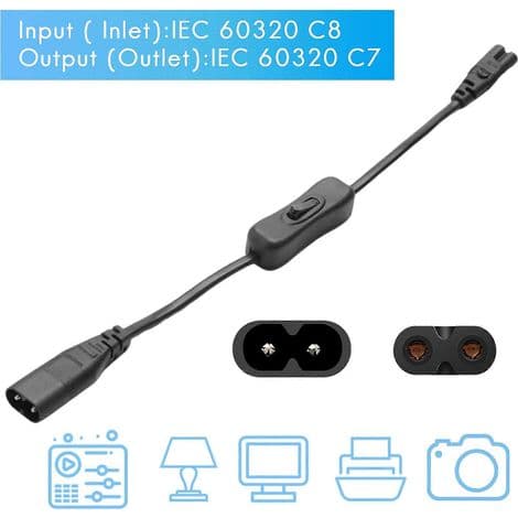 Strømforlængerkabel, IEC320 C7 til C8 adapter med afbryder og \"8\" interface.