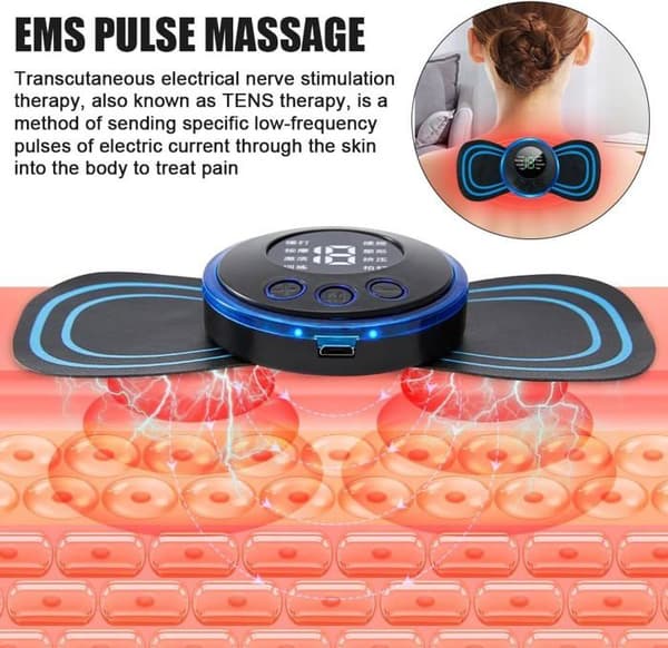 3-delt mini bærbar elektrisk massageplaster sæt, 8 tilstande, 19 niveauer, mini cervikal massager, cervikale massagepuder