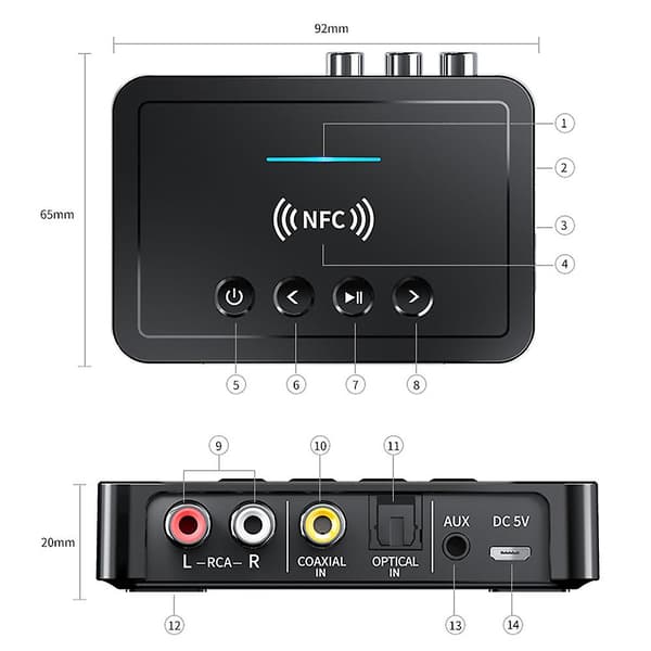 3 i 1 BT 5.0 Sender Mottaker NFC Auto Pairing Bluetooth-kompatibel