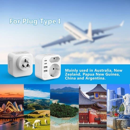 Rejseadapter med USB-C- og USB-A-porte til Australien og Kina