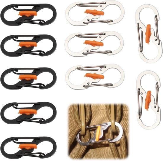 10-pack S-formade karbinhakar, rostfritt stål, Mini S-formade karbinhakar, Minikarbinhakar med dubbellåsning, Stöldskydd och fallskydd