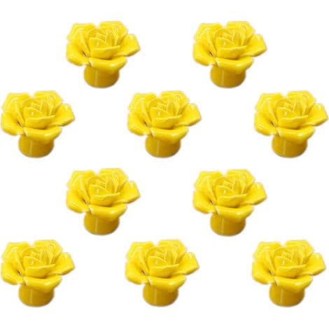 Set med 10 keramiska dörrhandtag, rosa blomma, för byrå, garderob, kök, låda, gul.