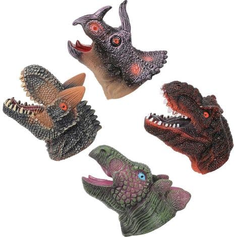 Sett med 4 dinosaurhånddukker, dinosaurhodefigurer, leksehanske