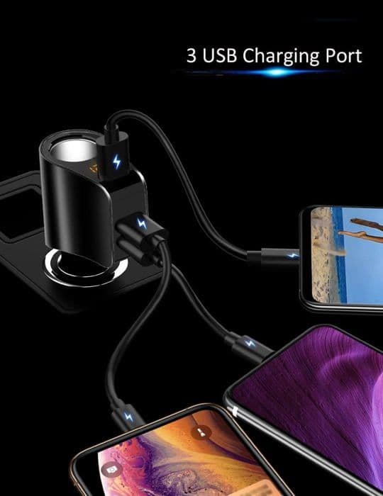 Biloplader, multi-USB cigarettænderadapter, stikfordeler med 3 USB-porte og voltmeter, kompatibel
