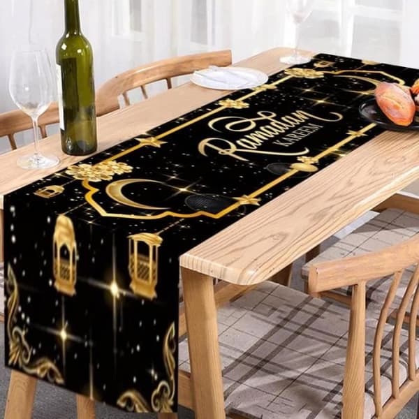 Bordløper - Eid Mubarak - Svart - 180x35 cm - Slitesterk polyester - Ramadan-dekorasjon