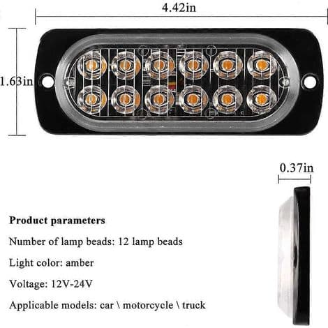 Set med 4 ultratunna 12-LED bärnstensfärgade nödstrobelysen, blinkande, universell 12-24V