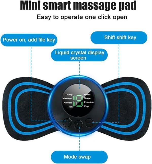 3-delt mini bærbar elektrisk massageplaster sæt, 8 tilstande, 19 niveauer, mini cervikal massager, cervikale massagepuder