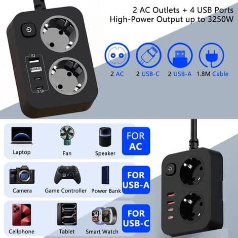 multifunksjonell strømskinne med én stikkontakt og fire USB-porter, ideell for hjem, kontor og reise.
