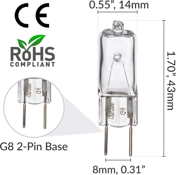 10-pak G8 50W 120V halogenpærer, velegnet til emhætter, landskabsbelysning, varm hvid.