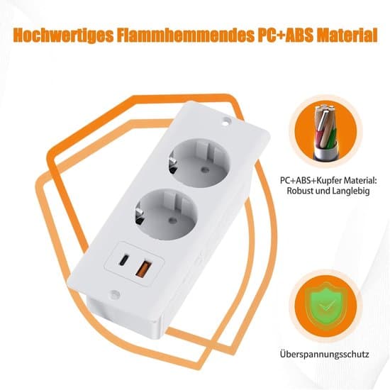Infälld strömkontakt - 2x USB-A - 1x USB-C - 2x uttag - Vit
