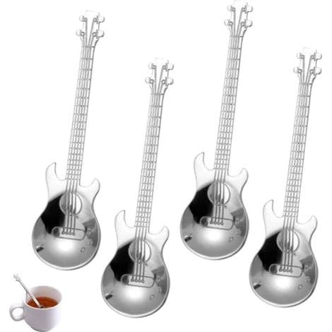 Sæt med 4 guitarformede kaffeskeer, 304 rustfrit stål dessertskeer, mini røreskeer til te, mælk, desserter, drinks, is, milkshakes