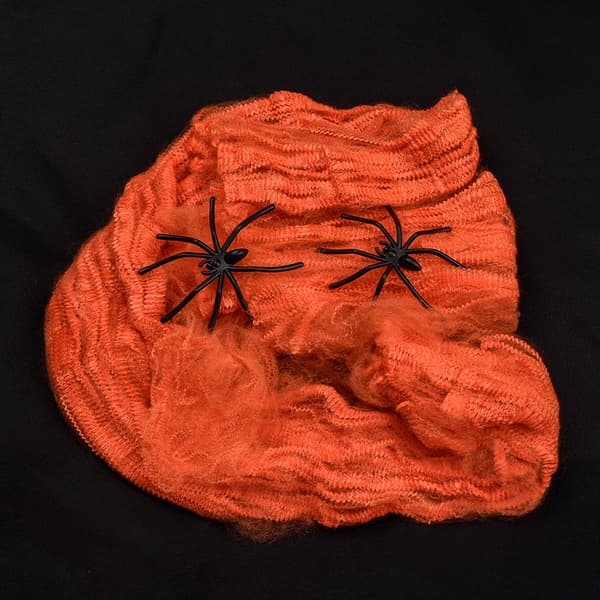 Halloween-dekorationsrekvisitter: Edderkoppespind, edderkoppespind, edderkoppesilke og små plastikedderkopper – festdekoration (orange)