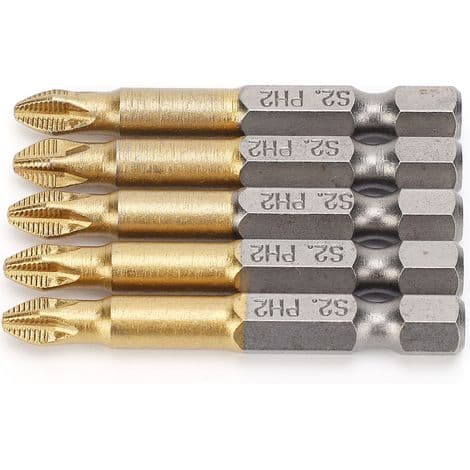 Sæt med 5 PH2 Phillips skruetrækkerbits med skridsikker spids, 1/4 tomme sekskantet skaft, 50 mm