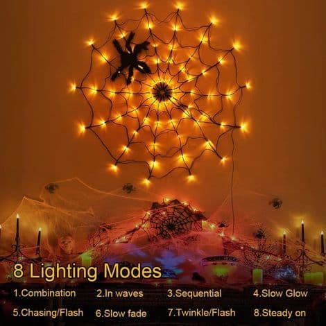 Spindelvæv Halloween Dekorationer - 1,2 m Diameter, 70 LED'er med Sort Edderkop, Vandtæt Lysnet, Orange