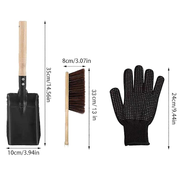 3 Delar/Set Städset för Inomhuseldstad Camping Grill Eldstad Askskyffel Eldstad Borste Svarta Silikonhandskar Kit QingHai