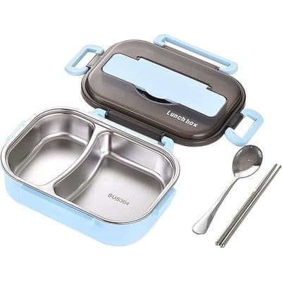 Bento matboks, matboks for barn/voksne med bestikk, matboks med 2 rom, blå