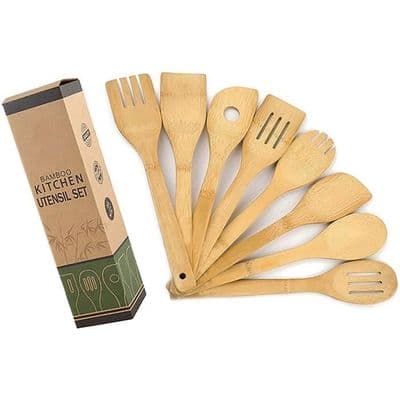 Set med 8 köksredskap i bambu, träskedar och spatlar, non-stick och wok, spatel, slev, redskapsset