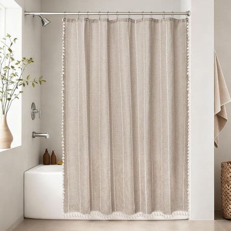 Duschdraperi - Linne - 180 x 180 cm - Vattentätt - Fransar - 12 Förstärkta Öljetter - Boho Lantlig Stil