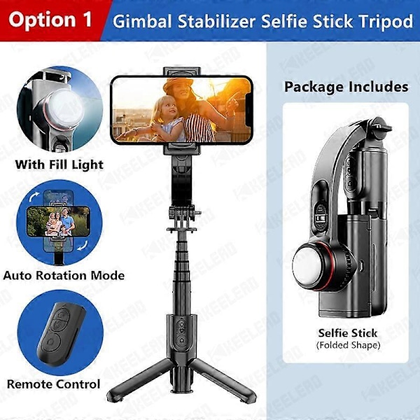 KEELEAD Selfie Stick Gimbal med Fyllningsljus Utdragbart Bluetooth Fjärrkontroll Stativ för Samsung iPhone 14 Pro Max Smartphone