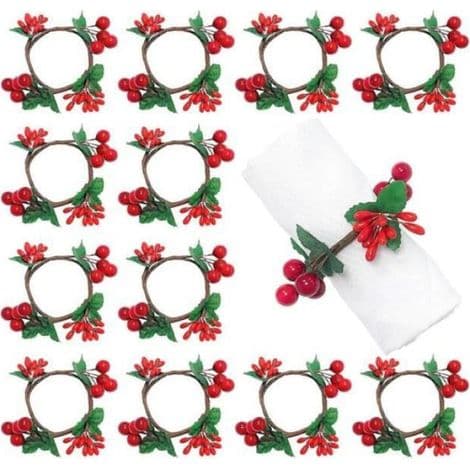 Servettringar - Juldekoration - 12 delar - Polyester - Röd och Grön - Rustik Stil