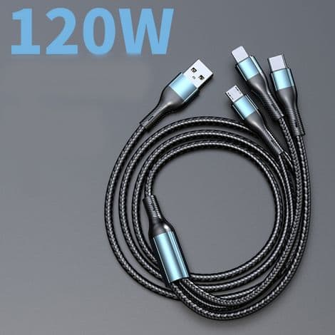 3-i-1 flettet nylon multi-ladekabel, USB hurtiglader for flere telefoner