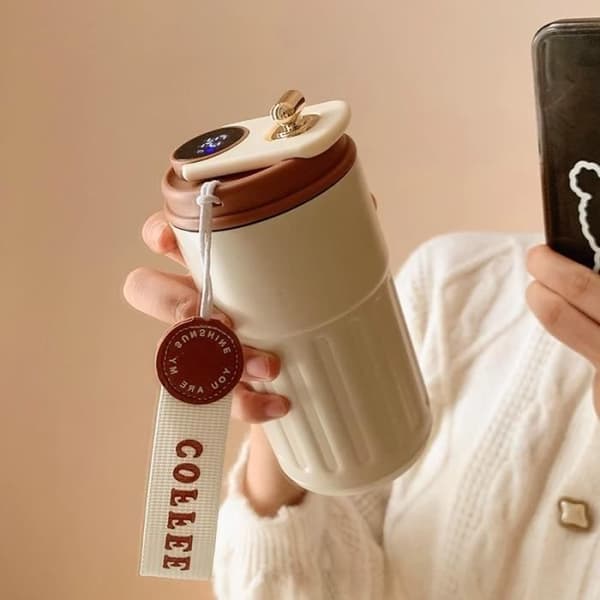 Smart Kaffe Termokop - MÆRKE - 410ml - Rustfrit Stål - Temperaturdisplay - Lækagesikker