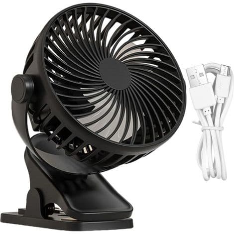 Sort clip-on sengevifte, liten oppladbar multifunksjonell vifte for barnevogner, reise, kontor, soverom