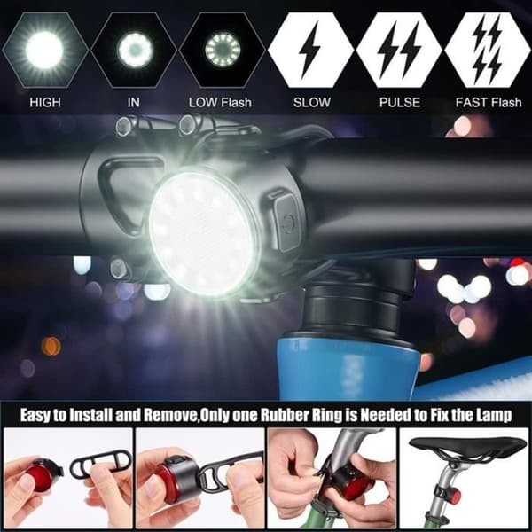 USB oppladbart sykkelyssett, foran og baklys, IPX5 vanntett, 6 lysstyrkemoduser, LED-lys