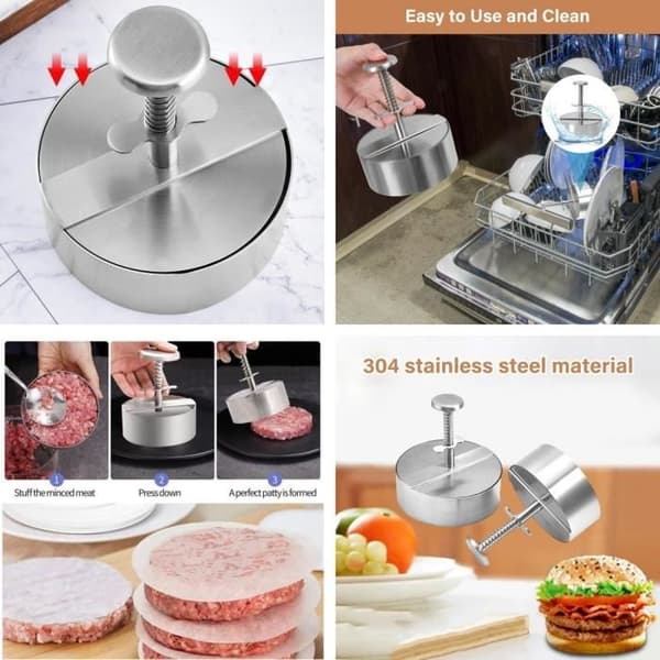 Burgerpresse - Justerbar - Rustfrit Stål - 8.9x8.9x14cm - 100 Bagepapirark